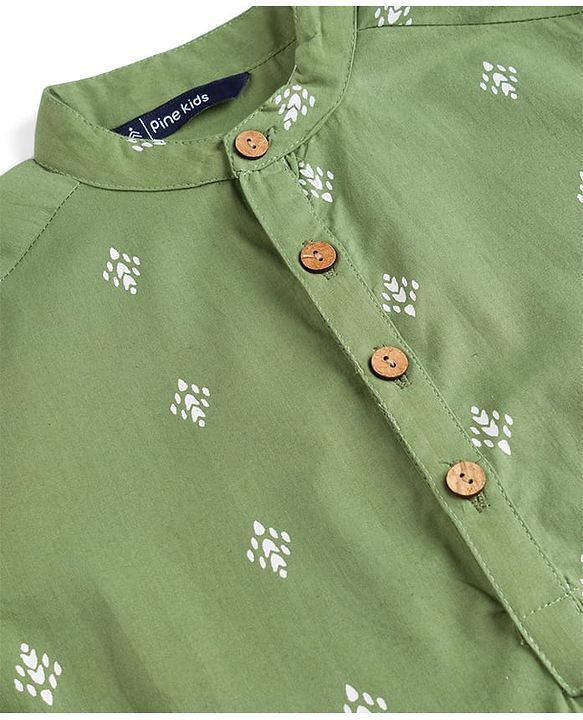 Pine Kids 100% Cotton Woven Full Length Printed Kurta - Olive Green