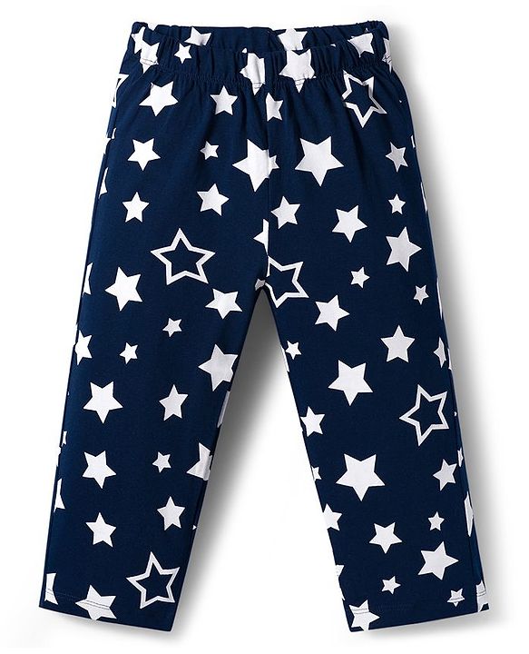 Babyhug Cotton Knit Full Sleeves Front Open Co-ords Night Suit with Star Print - Navy Blue