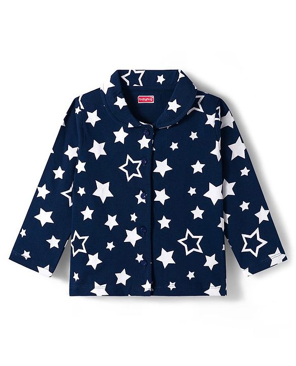 Babyhug Cotton Knit Full Sleeves Front Open Co-ords Night Suit with Star Print - Navy Blue