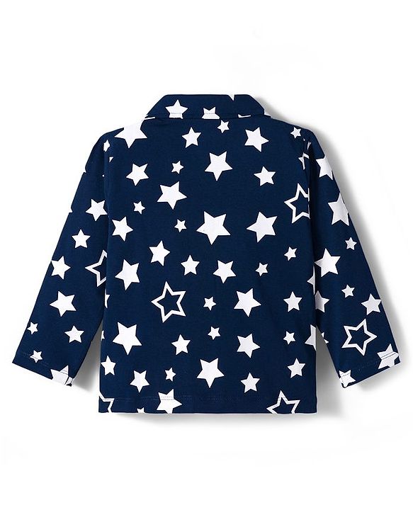 Babyhug Cotton Knit Full Sleeves Front Open Co-ords Night Suit with Star Print - Navy Blue
