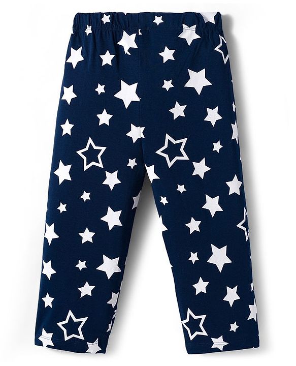 Babyhug Cotton Knit Full Sleeves Front Open Co-ords Night Suit with Star Print - Navy Blue