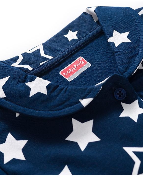 Babyhug Cotton Knit Full Sleeves Front Open Co-ords Night Suit with Star Print - Navy Blue