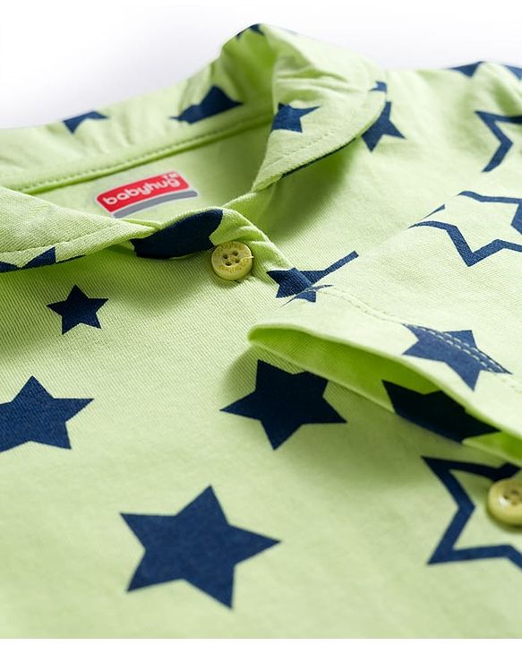 Babyhug Cotton Knit Full Sleeves Front Open Co-ords Night Suit with Star Print - Limegreen