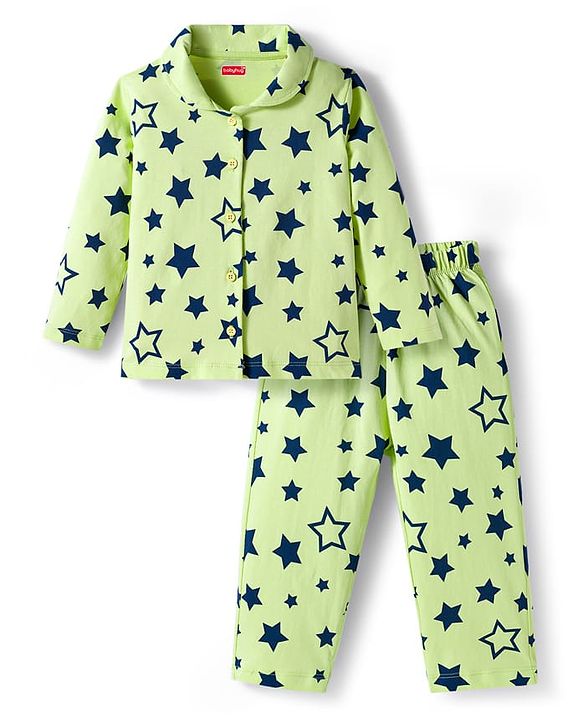 Babyhug Cotton Knit Full Sleeves Front Open Co-ords Night Suit with Star Print - Limegreen
