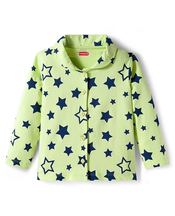 Babyhug Cotton Knit Full Sleeves Front Open Co-ords Night Suit with Star Print - Limegreen