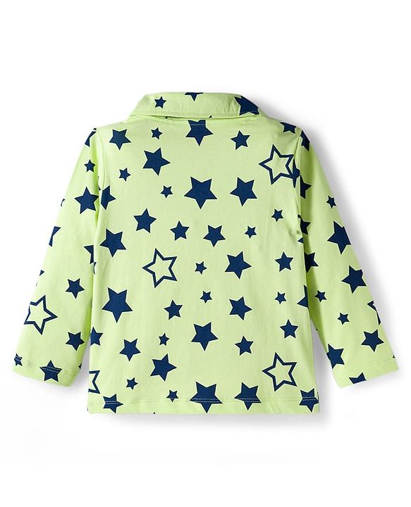 Babyhug Cotton Knit Full Sleeves Front Open Co-ords Night Suit with Star Print - Limegreen