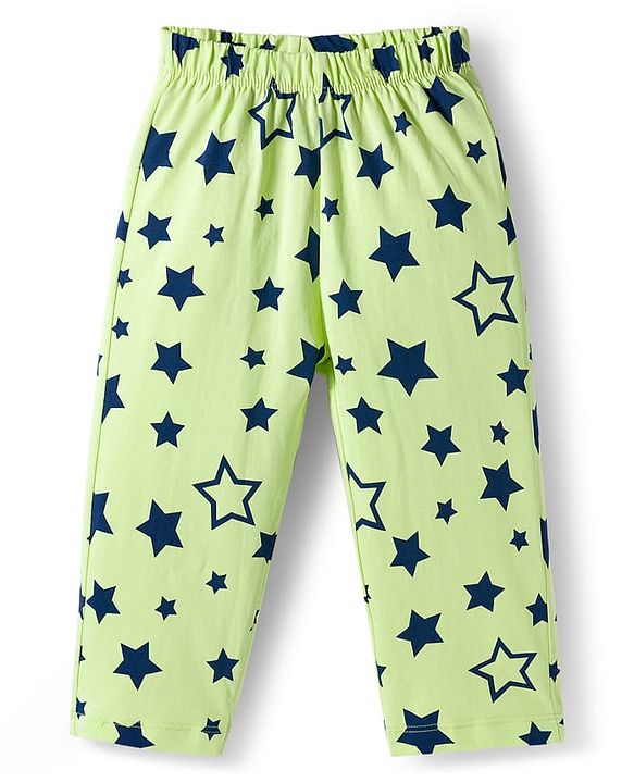 Babyhug Cotton Knit Full Sleeves Front Open Co-ords Night Suit with Star Print - Limegreen