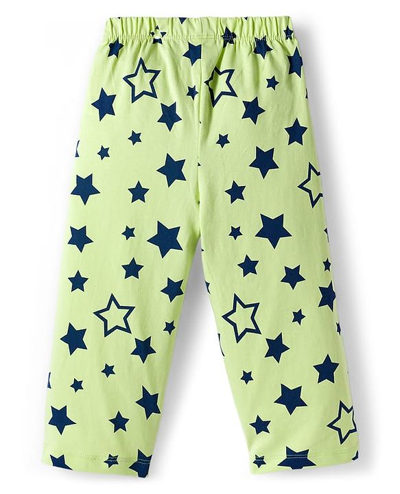 Babyhug Cotton Knit Full Sleeves Front Open Co-ords Night Suit with Star Print - Limegreen