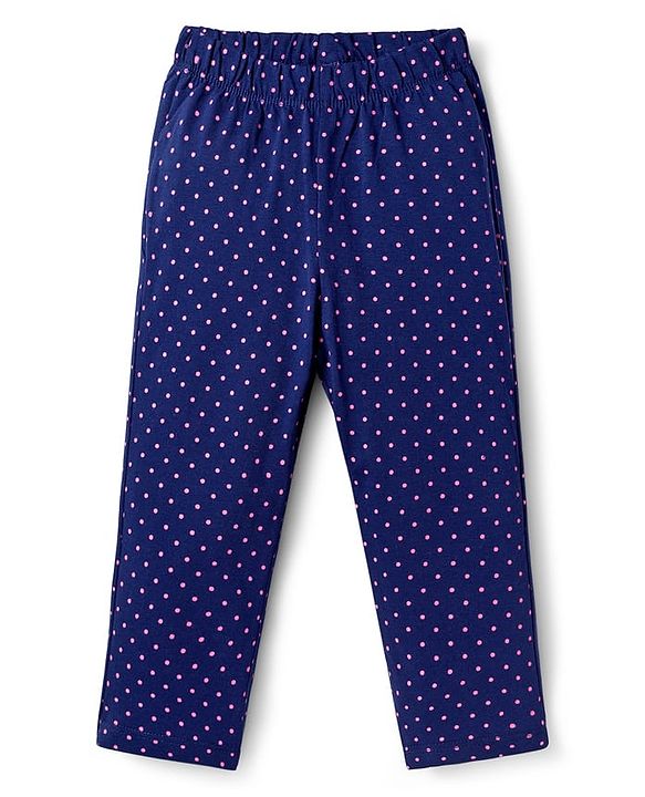 Babyhug Cotton Knit Full Sleeves Night Suit with Polka Dot Print & Bunny Patch - Navy Blue & Pink