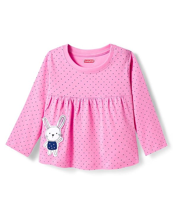 Babyhug Cotton Knit Full Sleeves Night Suit with Polka Dot Print & Bunny Patch - Navy Blue & Pink