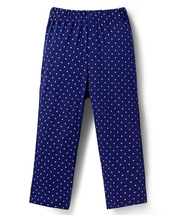 Babyhug Cotton Knit Full Sleeves Night Suit with Polka Dot Print & Bunny Patch - Navy Blue & Pink