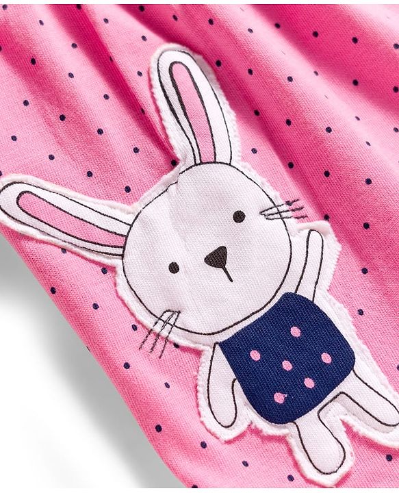 Babyhug Cotton Knit Full Sleeves Night Suit with Polka Dot Print & Bunny Patch - Navy Blue & Pink