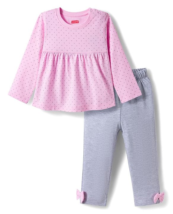 Babyhug Cotton Knit Full Sleeves Night Suit With Polka Dot Print - Pink & Grey