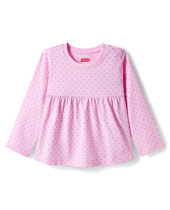 Babyhug Cotton Knit Full Sleeves Night Suit With Polka Dot Print - Pink & Grey