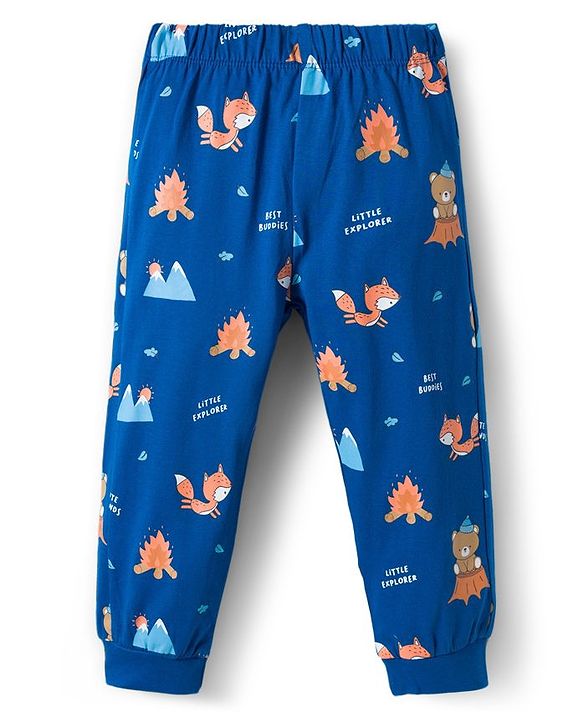 Babyhug Cotton Knit Full Sleeves Night Suit with Jungle Theme Print - Navy Blue