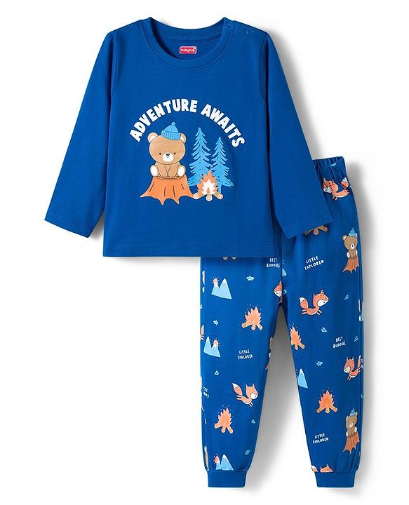 Babyhug Cotton Knit Full Sleeves Night Suit with Jungle Theme Print - Navy Blue