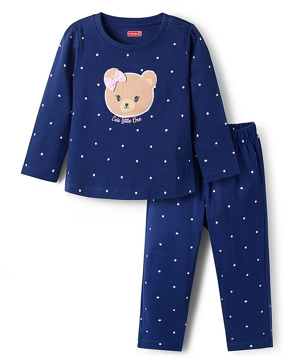 Babyhug Cotton Knit Full Sleeves Night Suit with Polka Dot Print & Bow Applique - Navy Blue