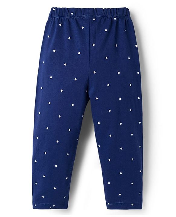 Babyhug Cotton Knit Full Sleeves Night Suit with Polka Dot Print & Bow Applique - Navy Blue