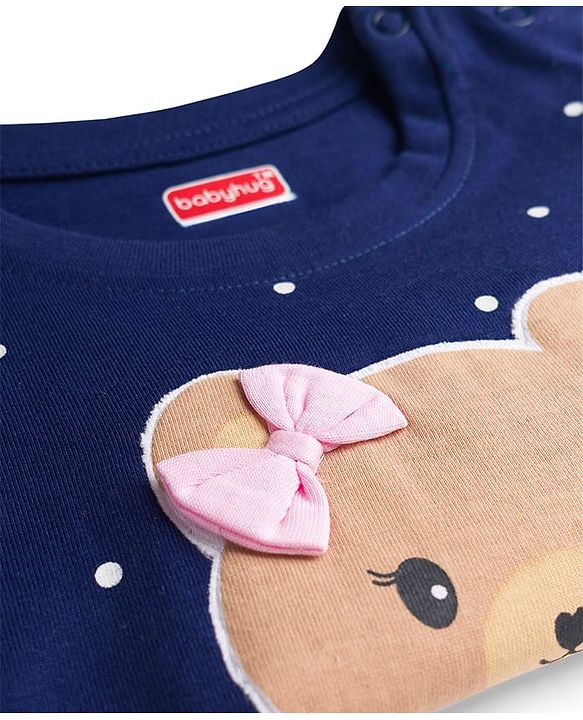 Babyhug Cotton Knit Full Sleeves Night Suit with Polka Dot Print & Bow Applique - Navy Blue