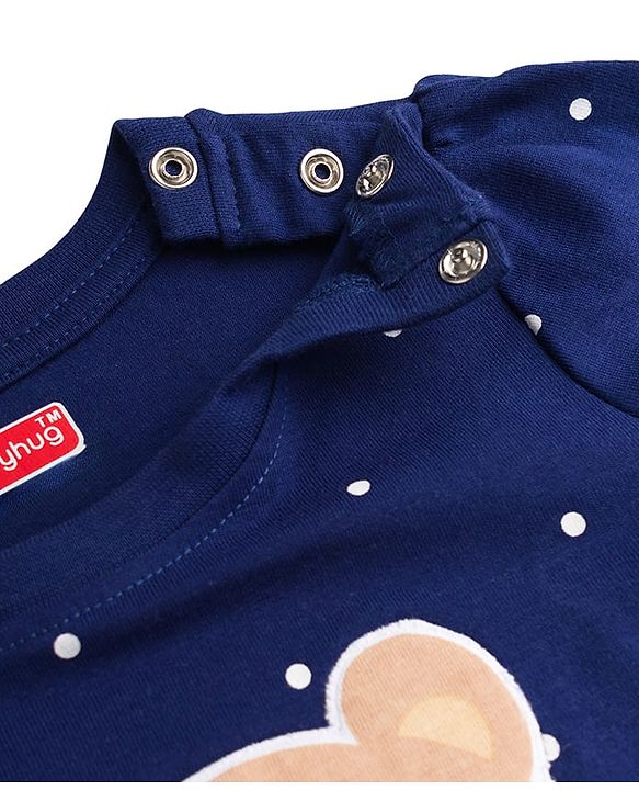 Babyhug Cotton Knit Full Sleeves Night Suit with Polka Dot Print & Bow Applique - Navy Blue