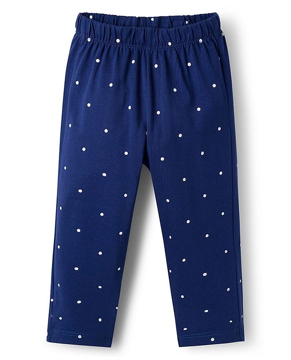 Babyhug Cotton Knit Full Sleeves Night Suit with Polka Dot Print & Bow Applique - Navy Blue