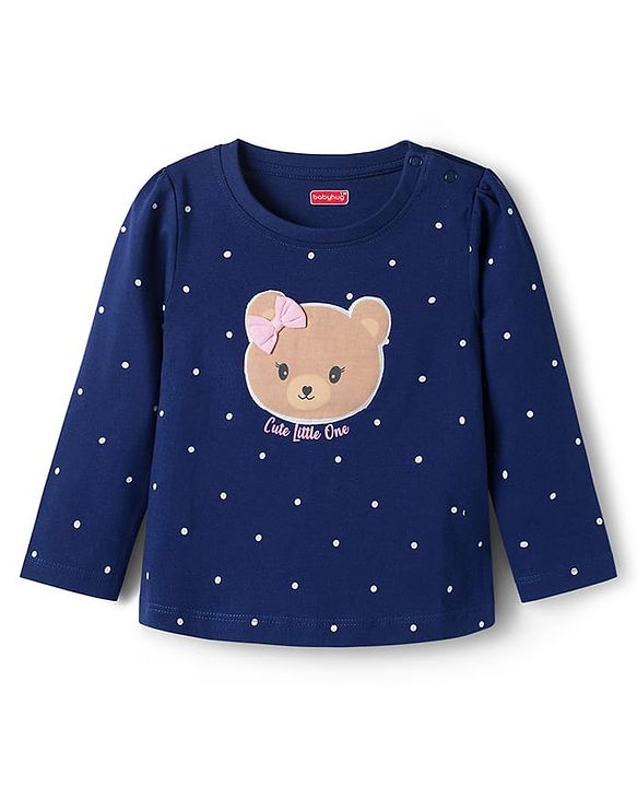 Babyhug Cotton Knit Full Sleeves Night Suit with Polka Dot Print & Bow Applique - Navy Blue