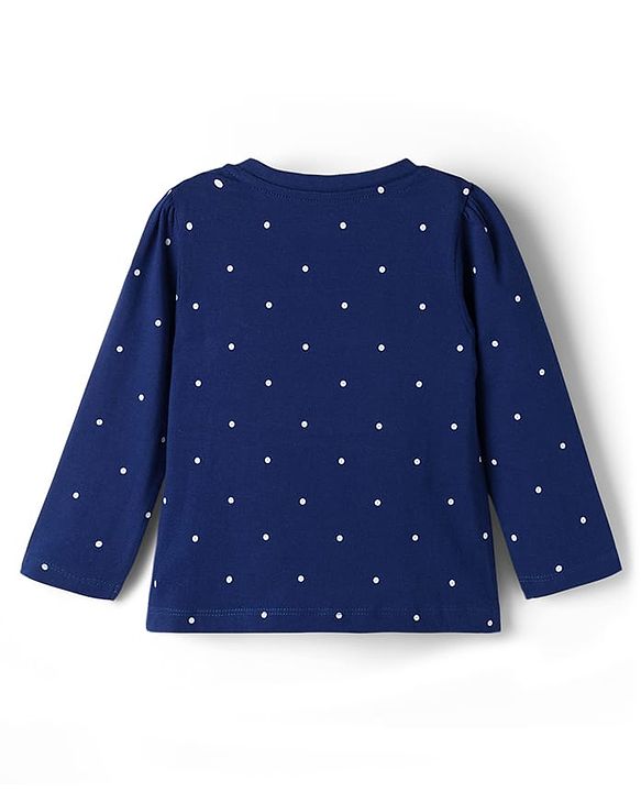 Babyhug Cotton Knit Full Sleeves Night Suit with Polka Dot Print & Bow Applique - Navy Blue