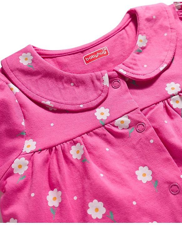 Babyhug Cotton Knit Full Sleeves Co-ords Front Open Night Suit with Floral Print - Pink