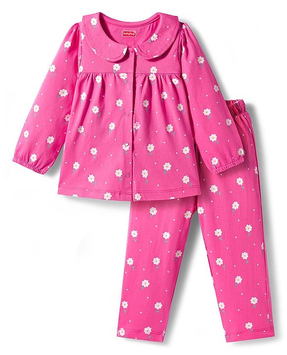 Babyhug Cotton Knit Full Sleeves Co-ords Front Open Night Suit with Floral Print - Pink