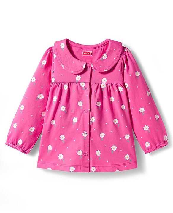 Babyhug Cotton Knit Full Sleeves Co-ords Front Open Night Suit with Floral Print - Pink