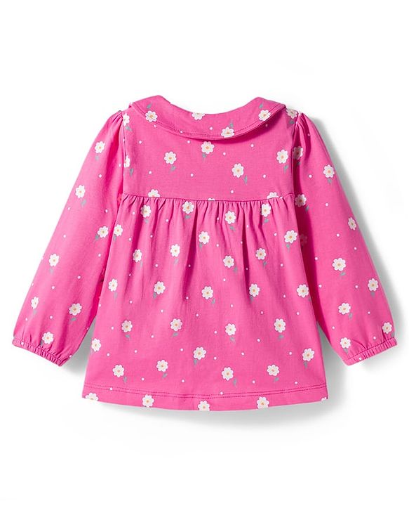 Babyhug Cotton Knit Full Sleeves Co-ords Front Open Night Suit with Floral Print - Pink