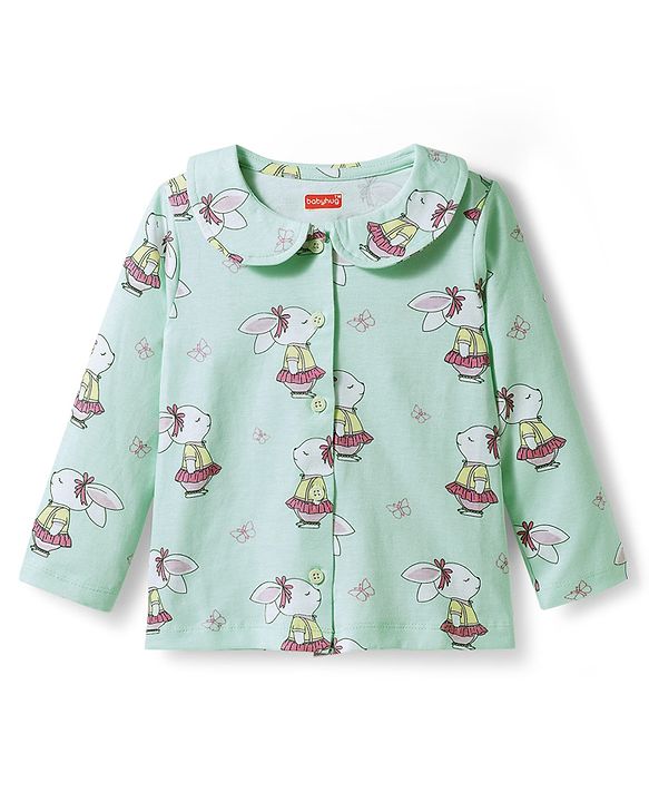 Babyhug Cotton Knit Full Sleeves Co-ord Night Suit With Bunny Print - Sea Green