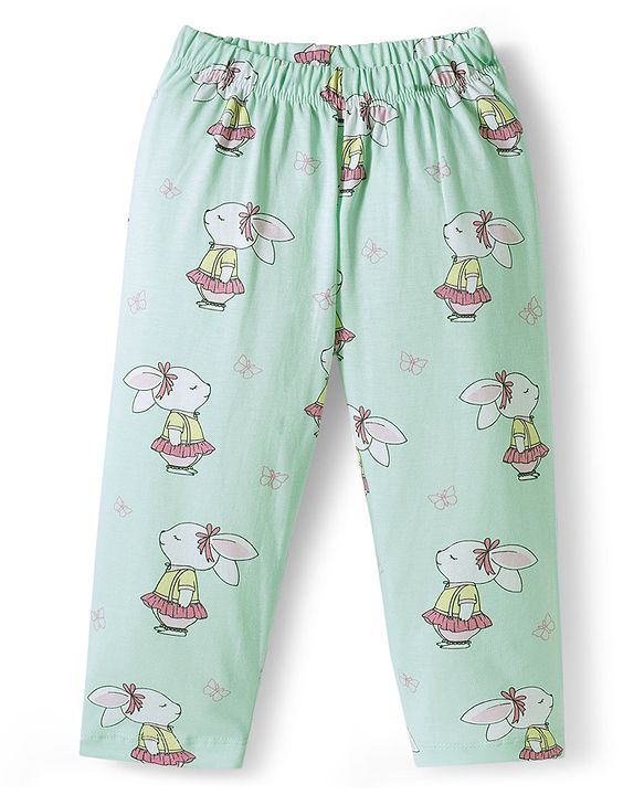 Babyhug Cotton Knit Full Sleeves Co-ord Night Suit With Bunny Print - Sea Green