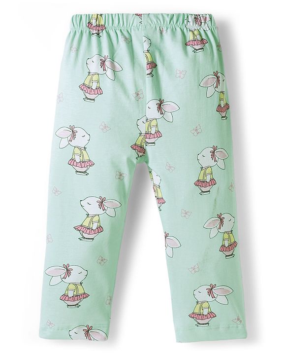 Babyhug Cotton Knit Full Sleeves Co-ord Night Suit With Bunny Print - Sea Green