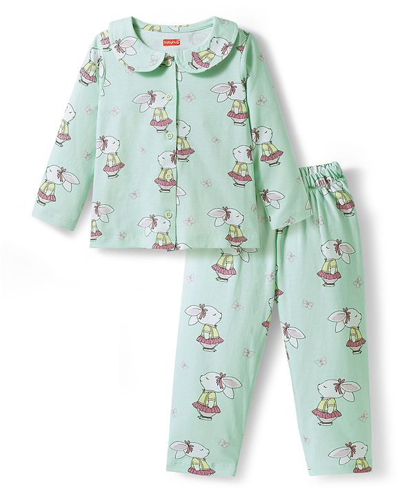 Babyhug Cotton Knit Full Sleeves Co-ord Night Suit With Bunny Print - Sea Green