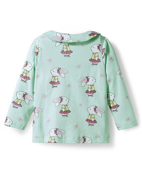 Babyhug Cotton Knit Full Sleeves Co-ord Night Suit With Bunny Print - Sea Green