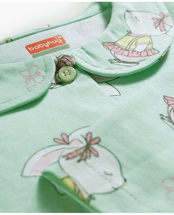 Babyhug Cotton Knit Full Sleeves Co-ord Night Suit With Bunny Print - Sea Green