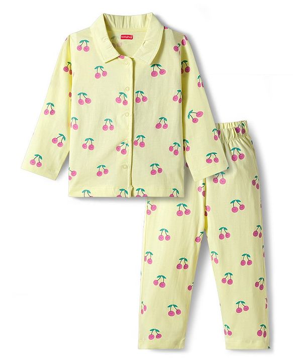 Babyhug Cotton Knit Full Sleeves Co-ord Night Suit With Cherry Print - Yellow