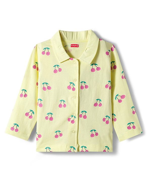 Babyhug Cotton Knit Full Sleeves Co-ord Night Suit With Cherry Print - Yellow