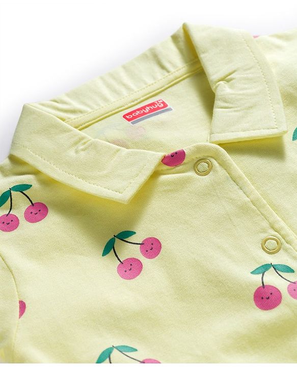 Babyhug Cotton Knit Full Sleeves Co-ord Night Suit With Cherry Print - Yellow