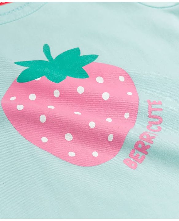 Babyhug Cotton Knit Full Sleeves Night Suit with Strawberry Print - Mint