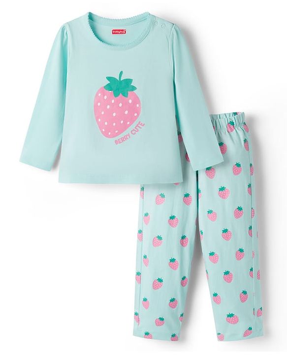 Babyhug Cotton Knit Full Sleeves Night Suit with Strawberry Print - Mint