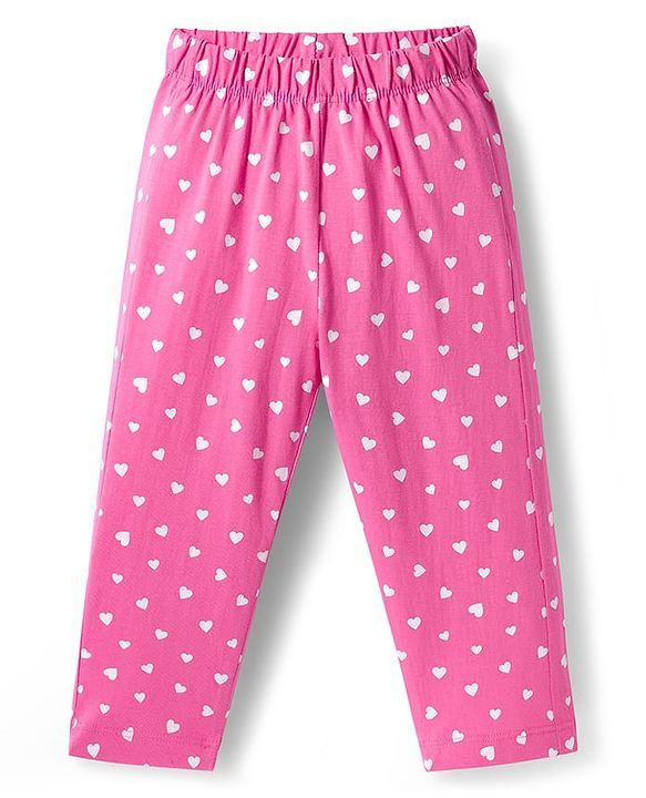 Babyhug Cotton Knit Full Sleeves Co-ords Night Suit with Heart Print - Pink