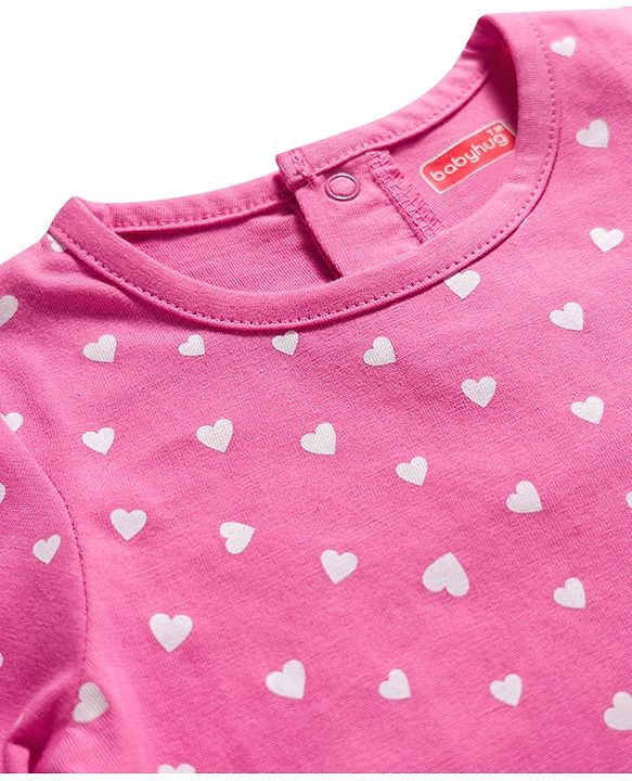 Babyhug Cotton Knit Full Sleeves Co-ords Night Suit with Heart Print - Pink