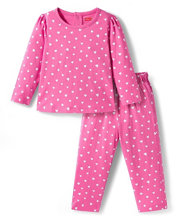 Babyhug Cotton Knit Full Sleeves Co-ords Night Suit with Heart Print - Pink