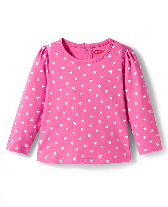 Babyhug Cotton Knit Full Sleeves Co-ords Night Suit with Heart Print - Pink