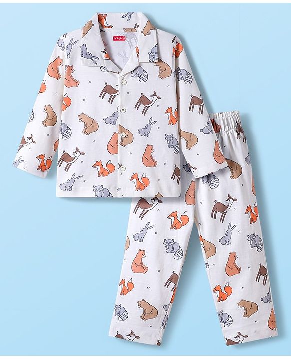 Babyhug Cotton Knit Full Sleeves Co-ord Night Suit With Animal Print - White