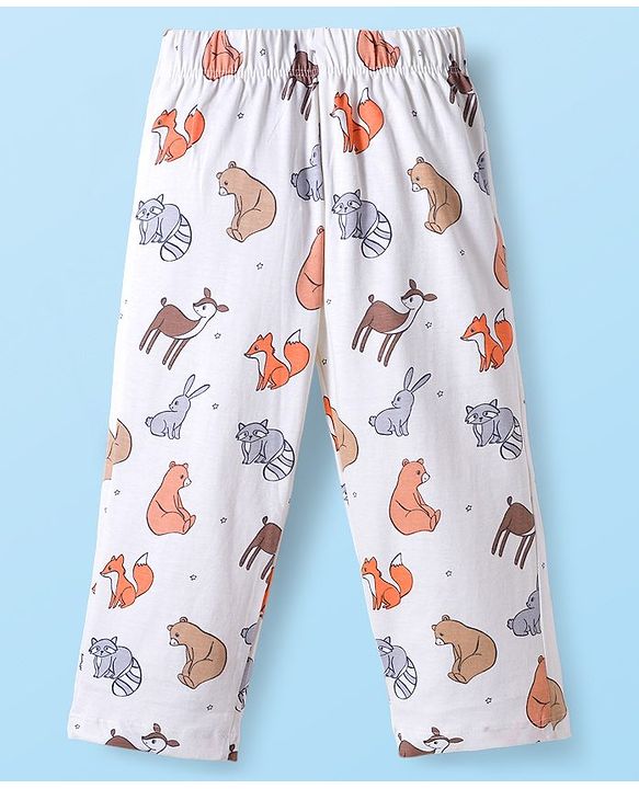 Babyhug Cotton Knit Full Sleeves Co-ord Night Suit With Animal Print - White