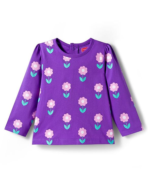 Babyhug Cotton Knit Full Sleeves Co-ords Night Suit with Floral Print - Purple