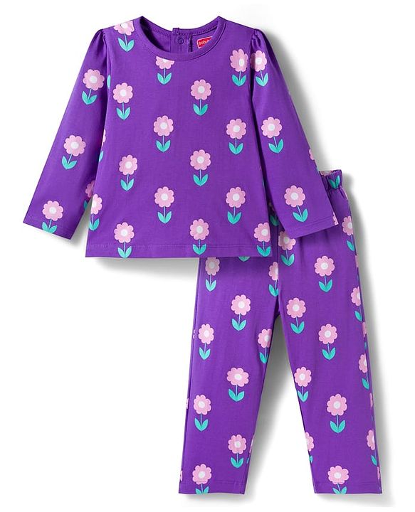 Babyhug Cotton Knit Full Sleeves Co-ords Night Suit with Floral Print - Purple
